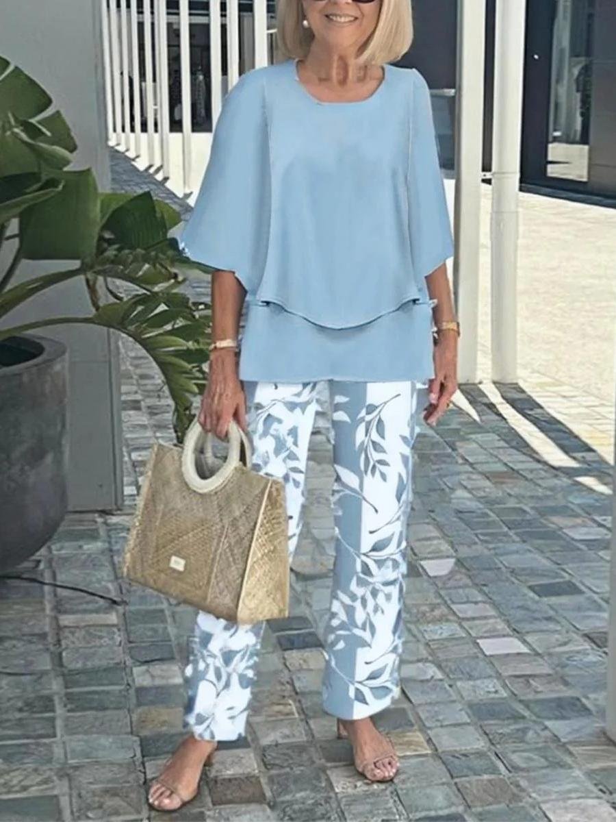 Damen Gestreift Bell-Ärmel Zweiteiliges Set Urlaub Dreiviertelärmel Retro Frühling/Herbst Bluse mit Hose Matching Set