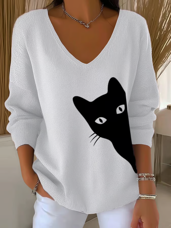 Lässig Unifarben V-Ausschnitt Langarm T-Shirt