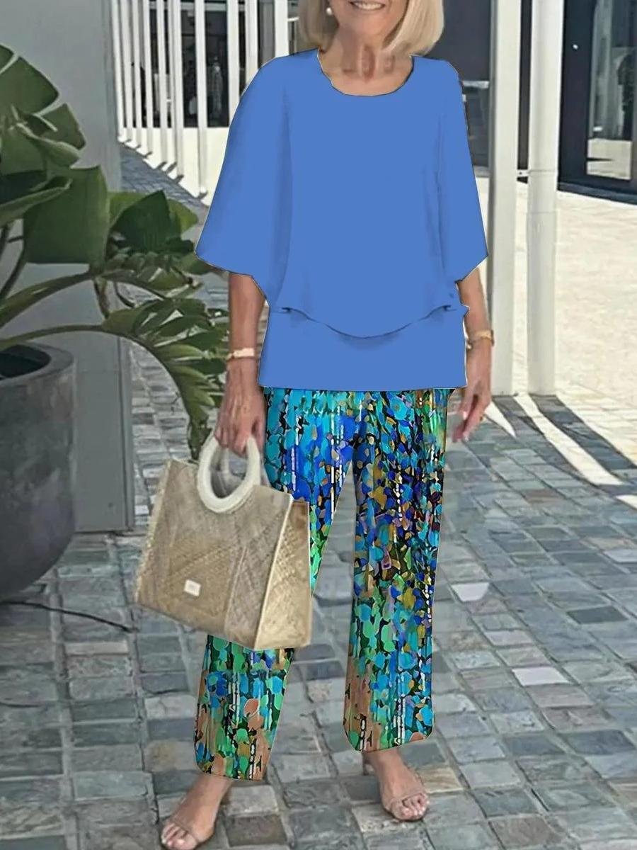 Damen Gestreift Bell-Ärmel Zweiteiliges Set Urlaub Dreiviertelärmel Retro Frühling/Herbst Bluse mit Hose Matching Set