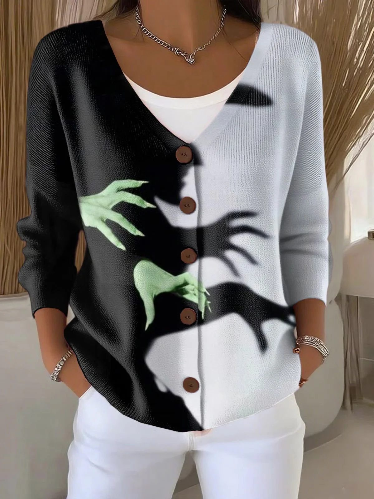 Damen Halloween Langarm Bequem Lässig Print Strickjacke