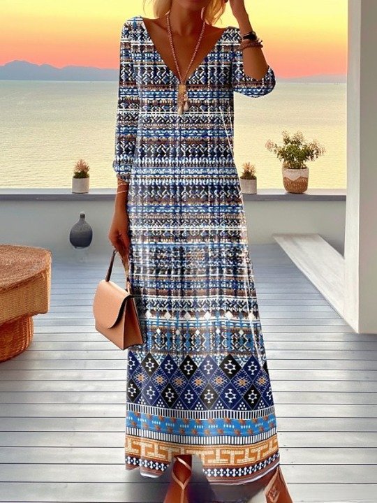 Damen Gestreift Frühling/Herbst Nahtverarbeitung Kleid V-Ausschnitt Langarm Tanktop A-Linien-Kleid