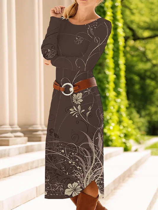 Damen Geblümt Frühling/Herbst Kleid Rundhals Langarm T-Shirt-Kleid A-Linien-Kleid