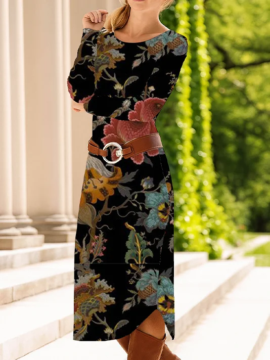 Damen Geblümt Frühling/Herbst Kleid Rundhals Langarm T-Shirt-Kleid A-Linien-Kleid