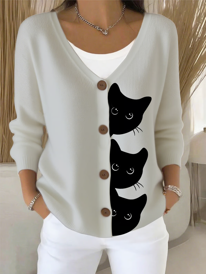 Damen Katze Langarm Bequem Lässig Strickjacke