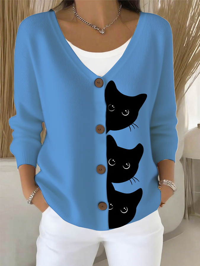 Damen Katze Langarm Bequem Lässig Strickjacke