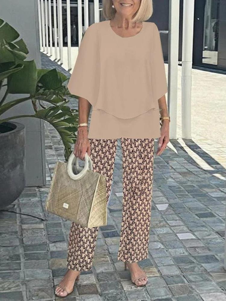 Damen Gestreift Bell-Ärmel Zweiteiliges Set Urlaub Dreiviertelärmel Retro Frühling/Herbst Bluse mit Hose Matching Set