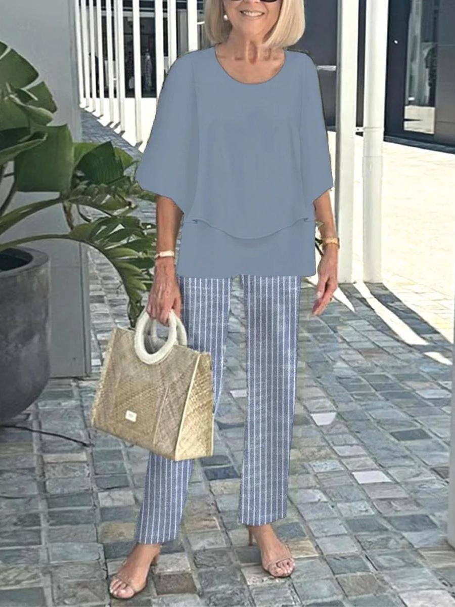 Damen Gestreift Bell-Ärmel Zweiteiliges Set Urlaub Dreiviertelärmel Retro Frühling/Herbst Bluse mit Hose Matching Set