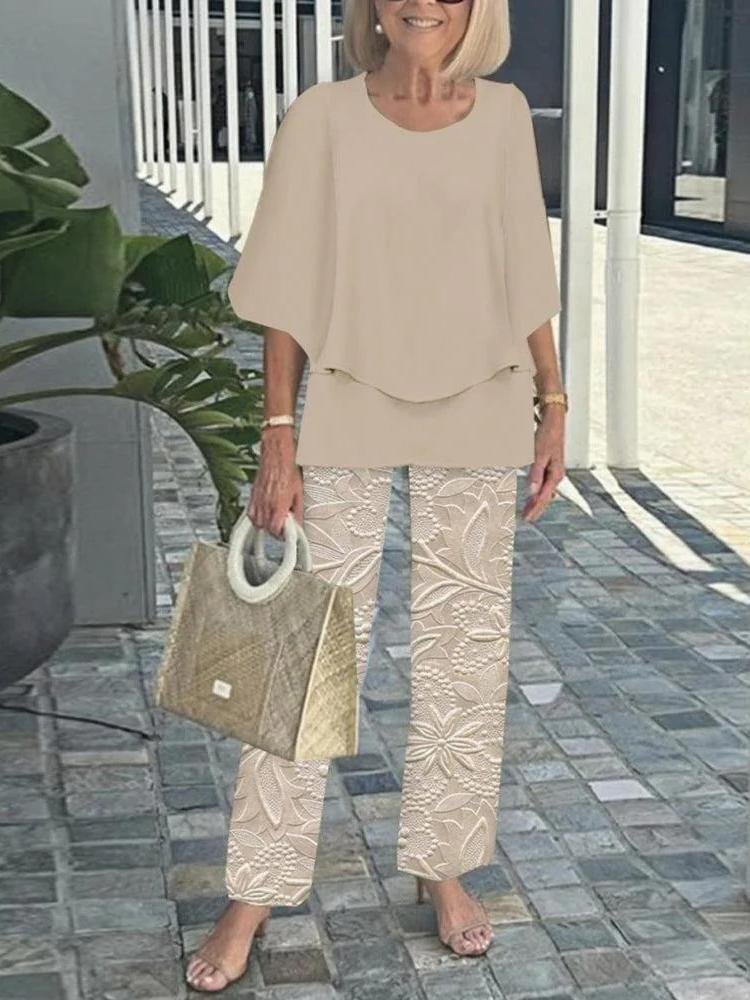 Damen Gestreift Bell-Ärmel Zweiteiliges Set Urlaub Dreiviertelärmel Retro Frühling/Herbst Bluse mit Hose Matching Set