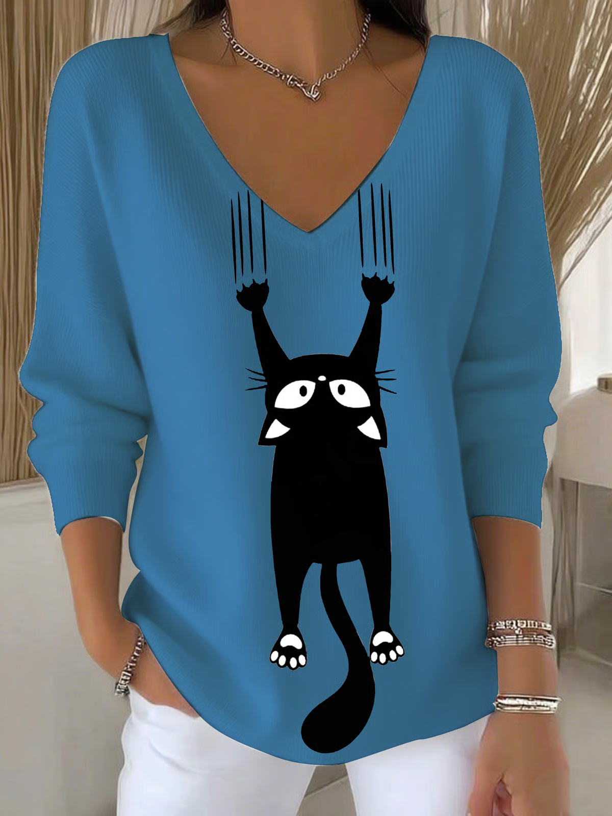 Lässig Unifarben V-Ausschnitt Langarm T-Shirt