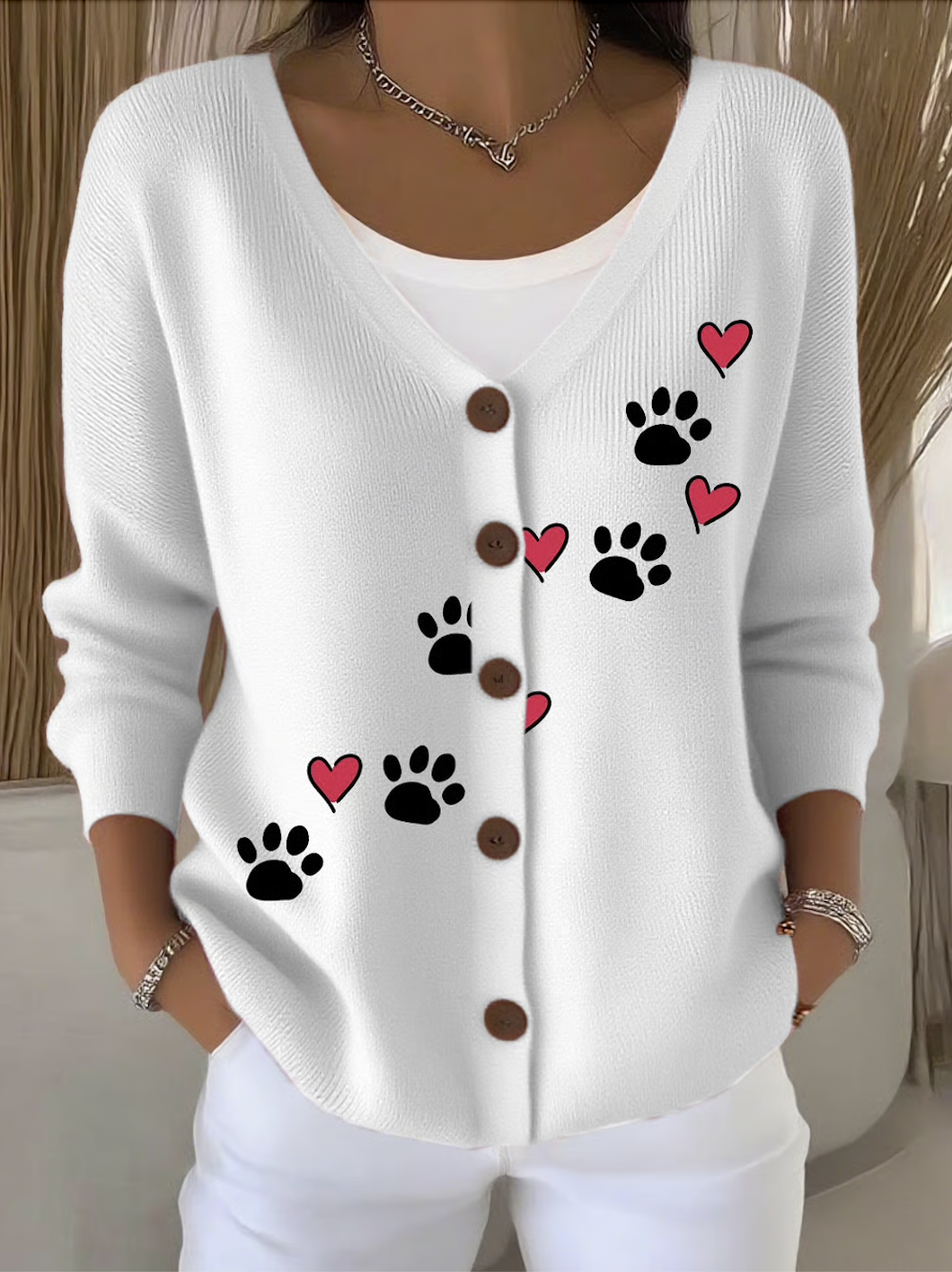 Damen Baumwolle Tier Langarm Bequem Lässig Strickjacke