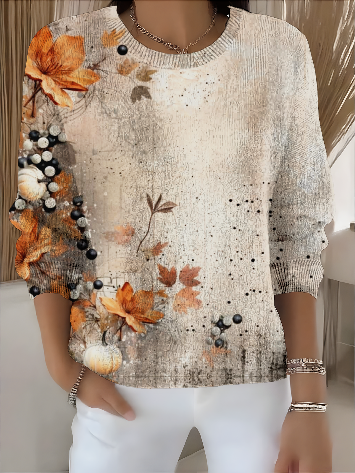 Damen Ahornblatt Langarm Bequem Retro Pullover