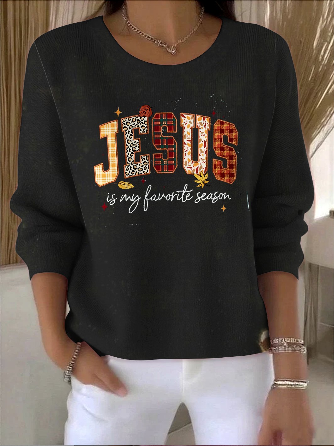 Damen Baumwolle Textbriefe Langarm Bequem Retro Pullover