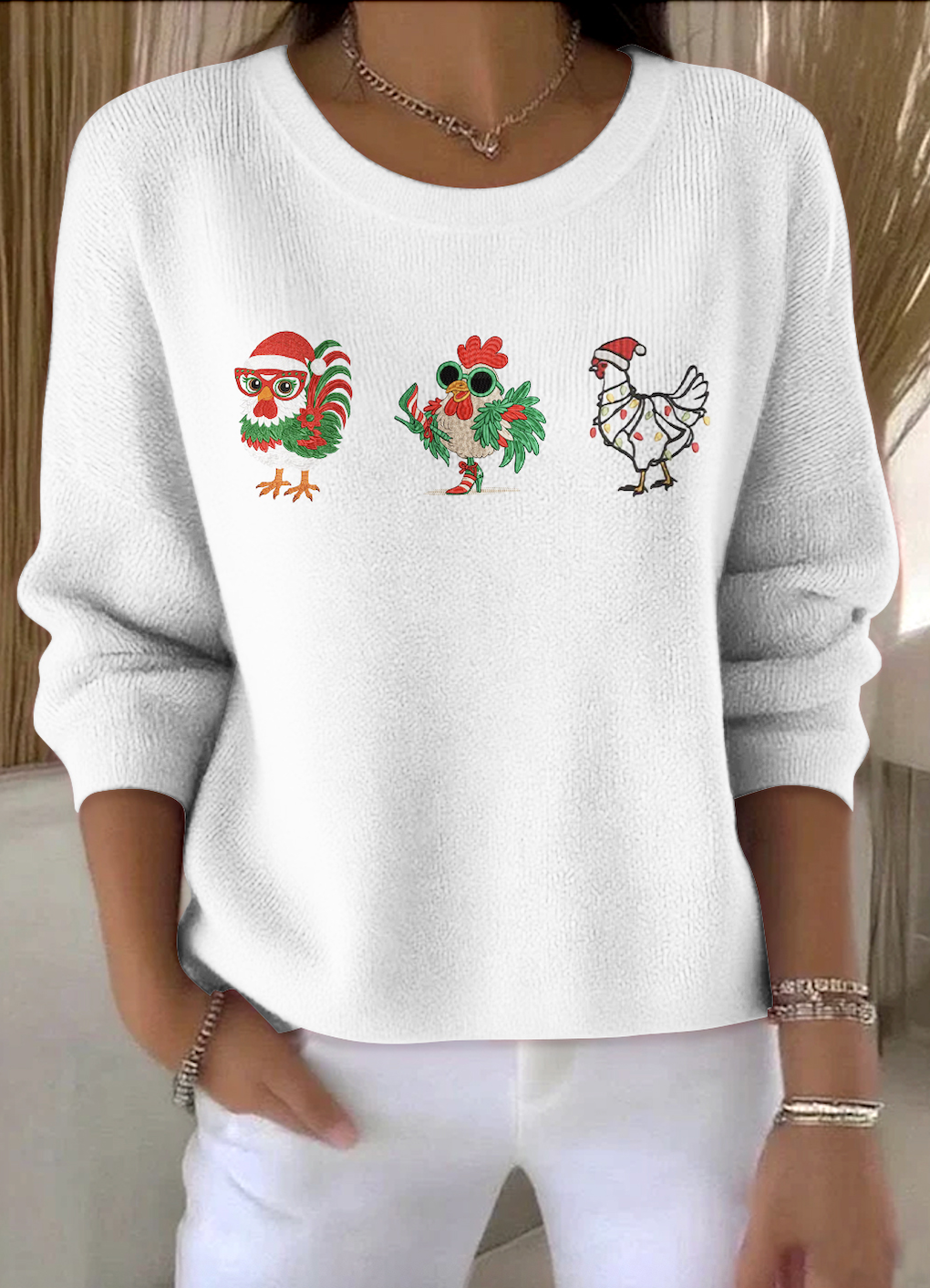 Damen Baumwolle Tier Langarm Bequem Retro Pullover