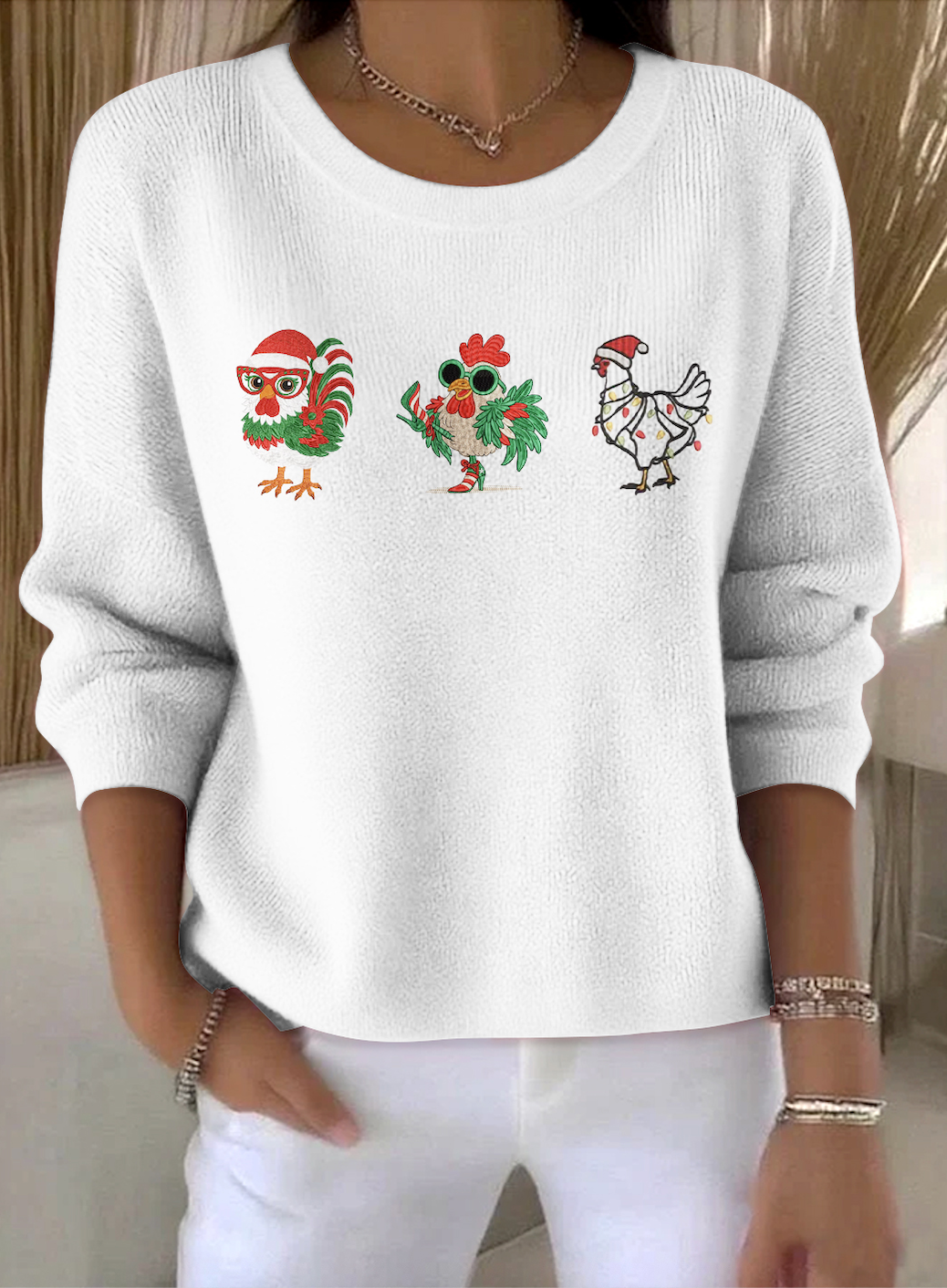 Damen Baumwolle Tier Langarm Bequem Retro Pullover