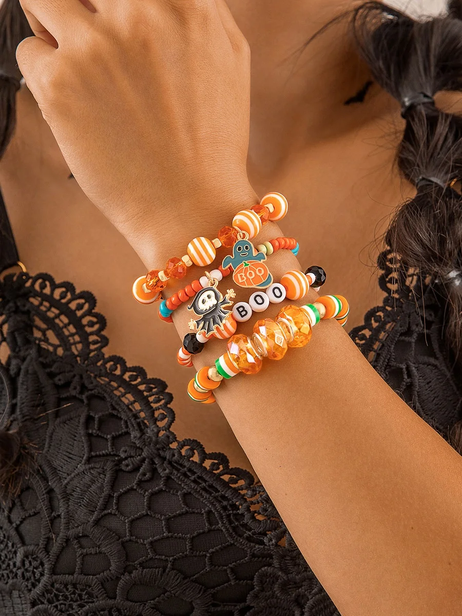 Halloween Lustig Schädel Reis Korn Armband Set Persönlichkeit Teufel Ösen Glasur die Fledermaus mehrschichtig Armband