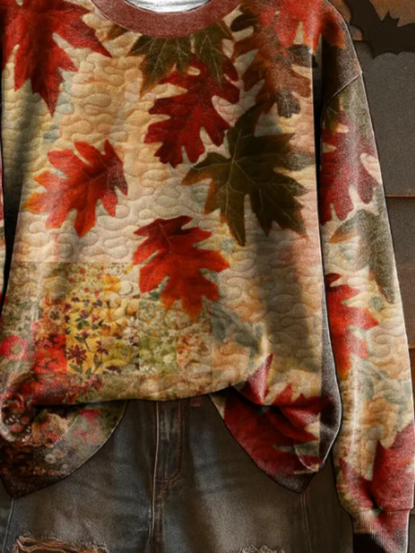 Lässig Rundhals Ahornblatt Sweatshirt Print