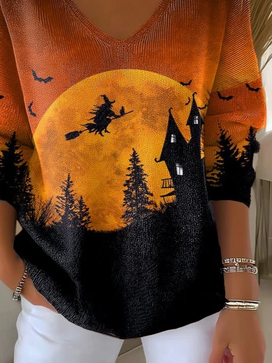 Lässig Halloween V-Ausschnitt Langarm T-Shirt