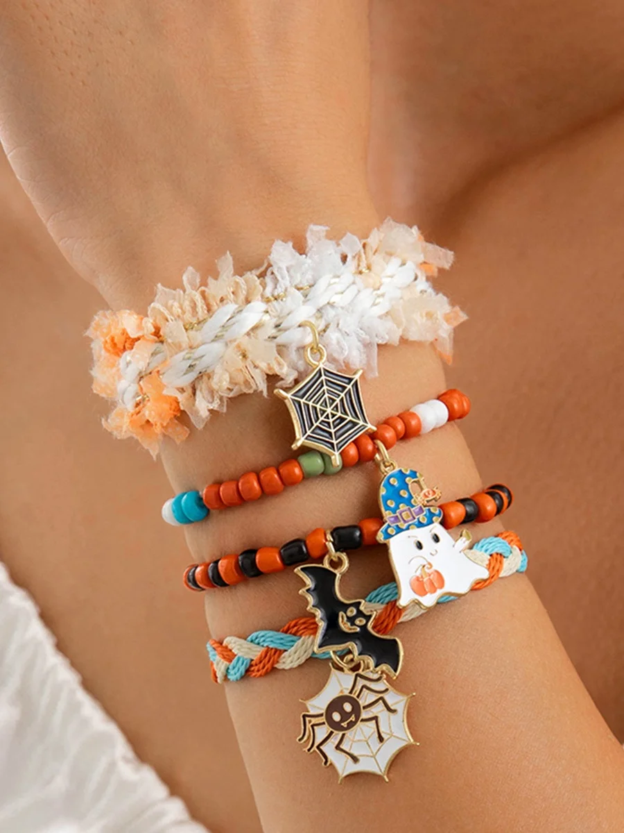 Halloween Lustig Schädel Reis Korn Armband Set Persönlichkeit Teufel Ösen Glasur die Fledermaus mehrschichtig Armband