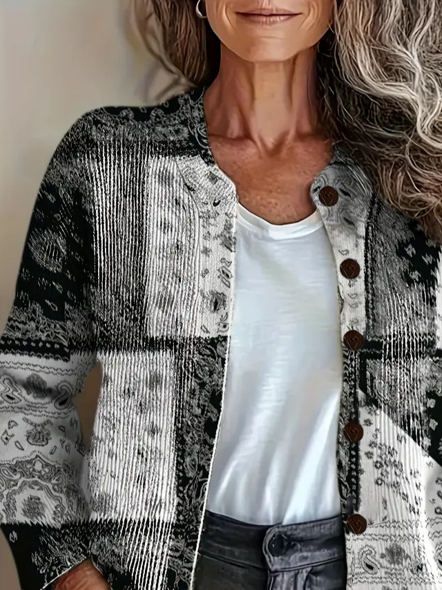 Damen Paisley Langarm Bequem Retro Print Strickjacke