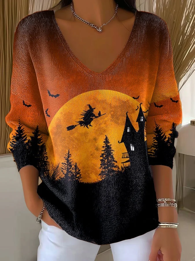 Lässig Halloween V-Ausschnitt Langarm T-Shirt