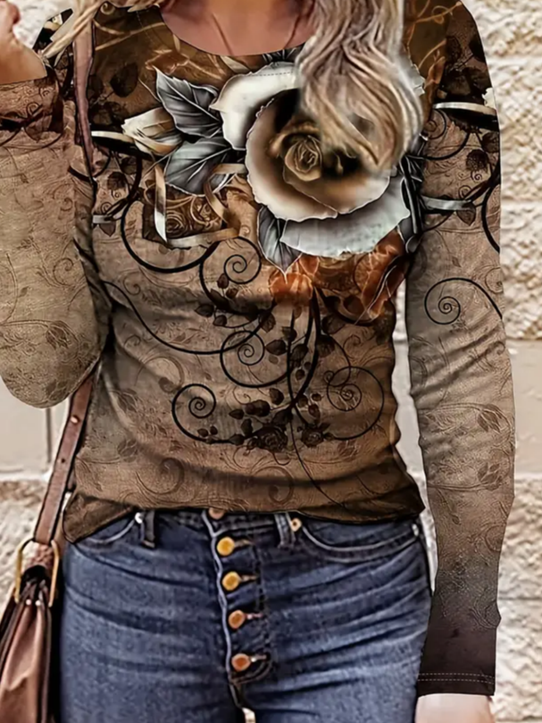Lässig Geblümt Rundhals Langarm T-Shirt