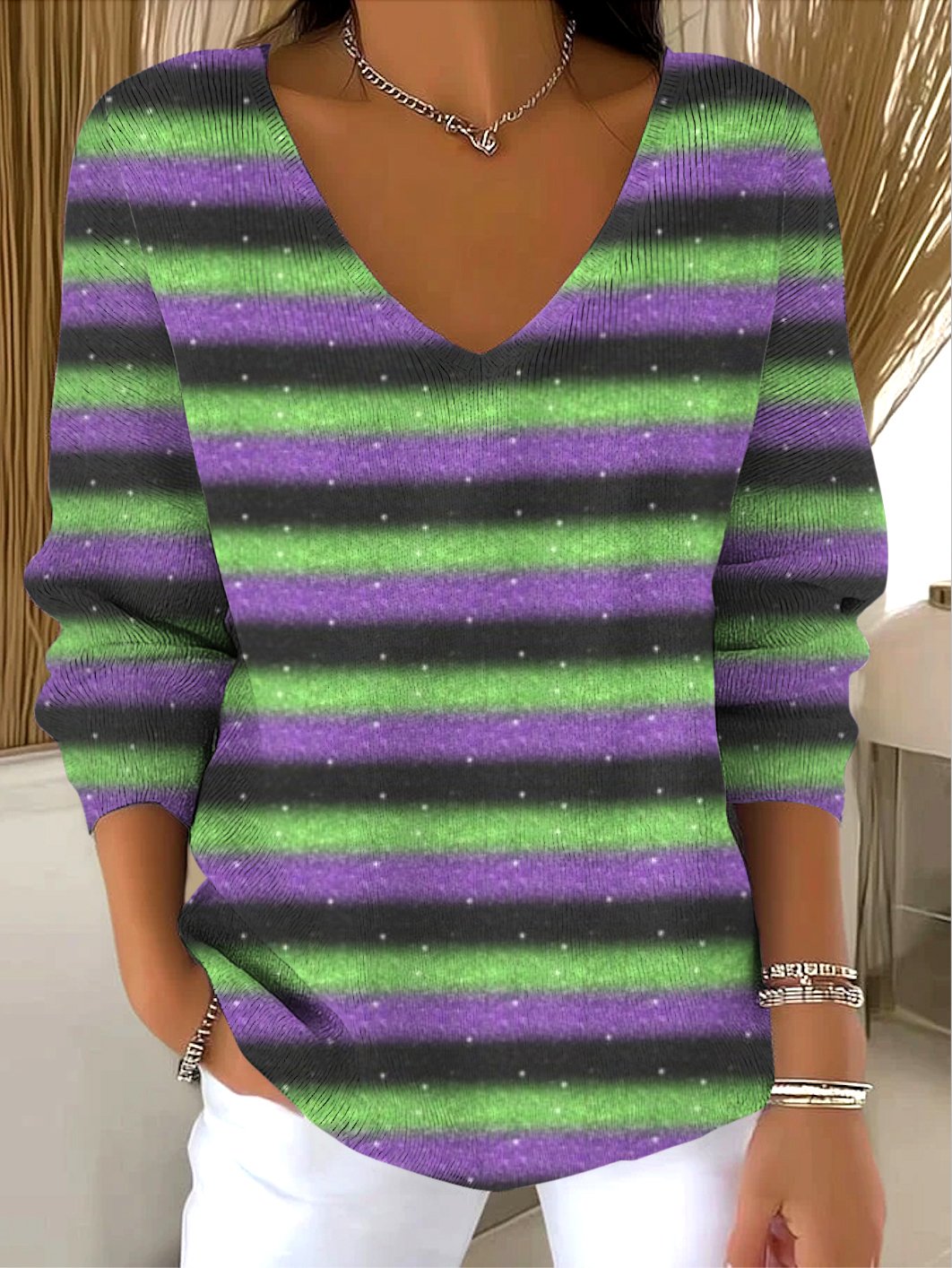 Damen Baumwolle Gestreift Langarm Bequem Lässig Pullover