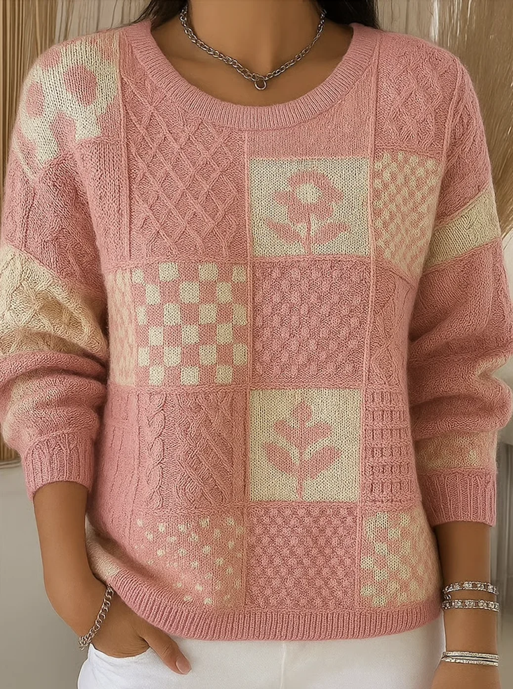 Damen Baumwolle Geometrisch Langarm Bequem Retro Pullover