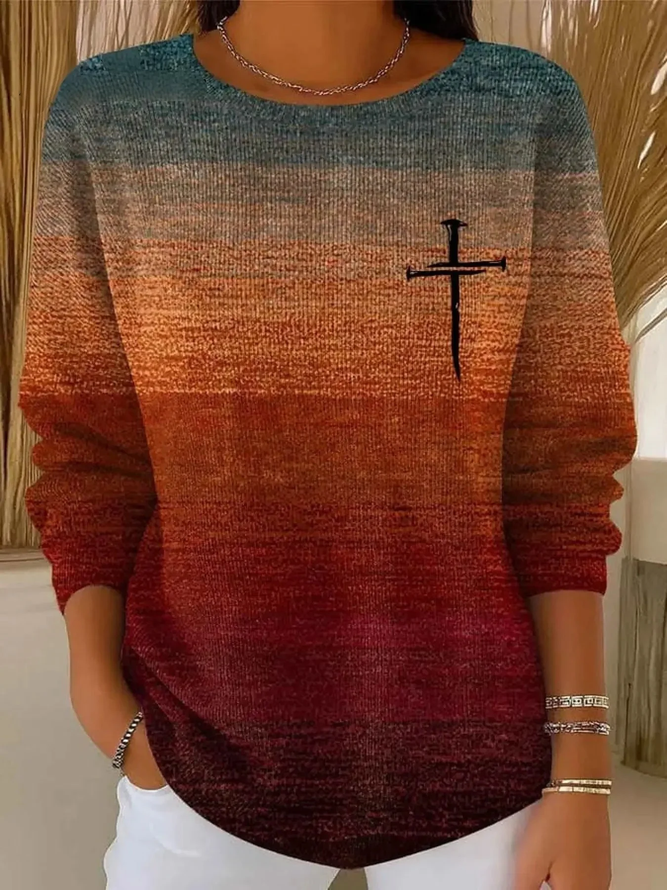 Damen Nachahmung Kaschmir Gestreift Langarm Bequem Retro Pullover