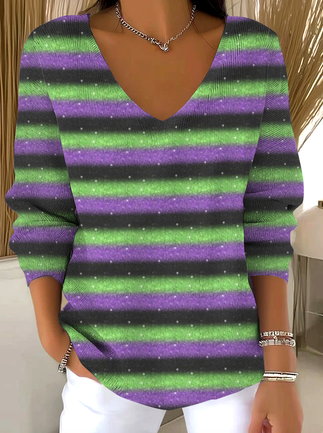 Damen Baumwolle Gestreift Langarm Bequem Lässig Pullover