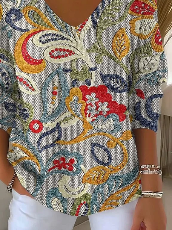 Lässig Geblümt V-Ausschnitt Langarm T-Shirt