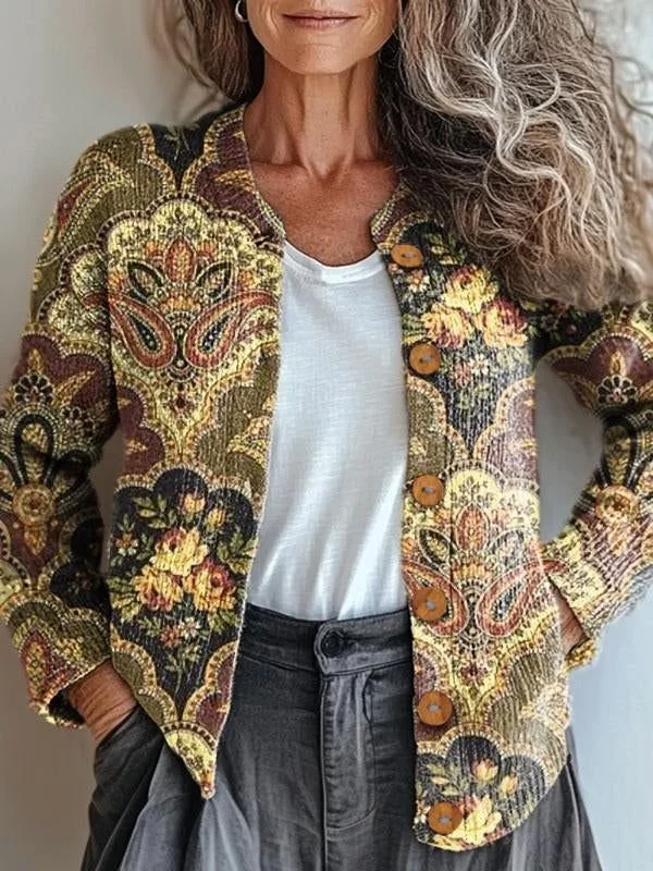 Damen Gestrickt Geometrisch Langarm Bequem Retro Strickjacke