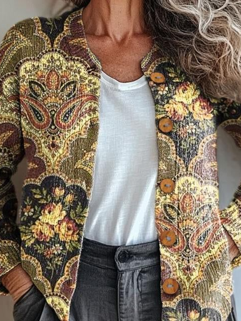 Damen Gestrickt Geometrisch Langarm Bequem Retro Strickjacke