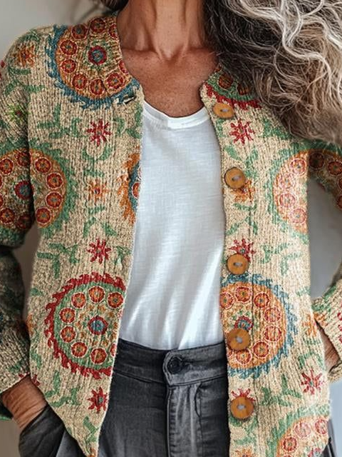 Damen Gestrickt Geometrisch Langarm Bequem Retro Strickjacke