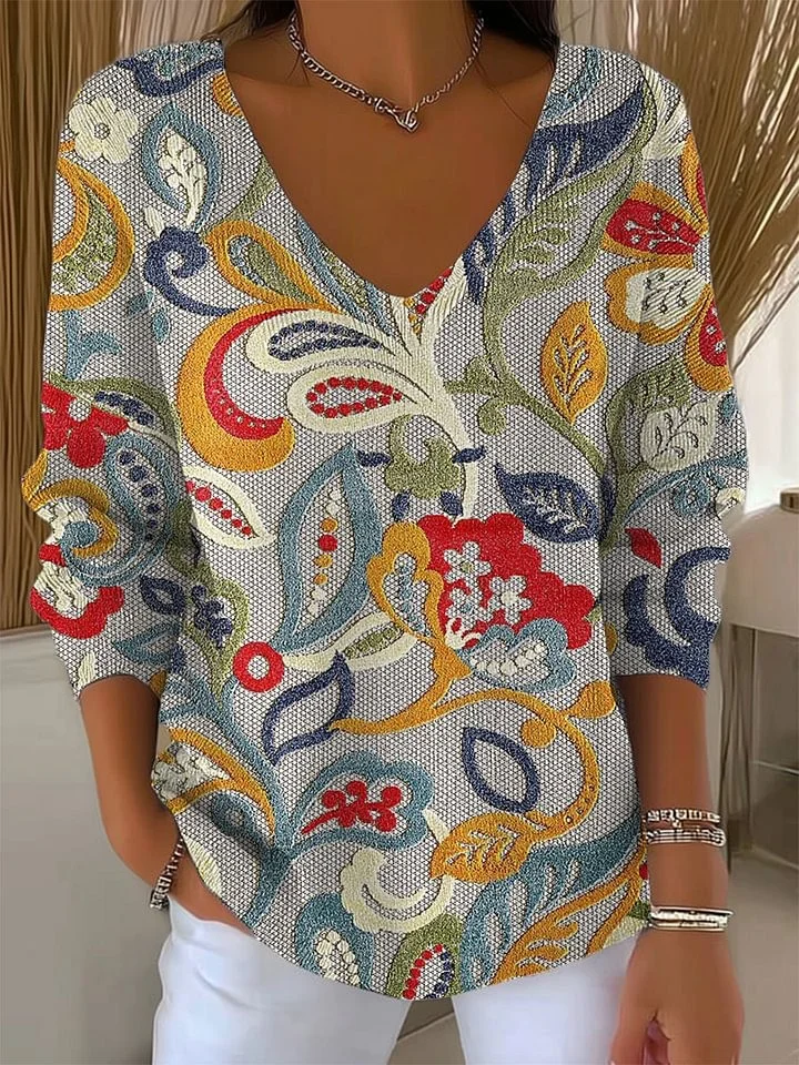 Lässig Geblümt V-Ausschnitt Langarm T-Shirt