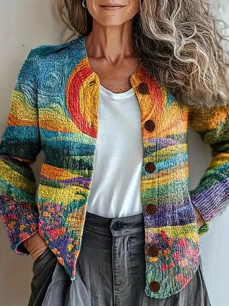 Damen Gestrickt Gestreift Langarm Bequem Retro Strickjacke