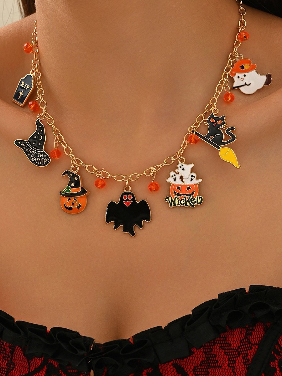 Neu Halloween Zubehör Nische Katze Geist Kürbis hochwertig Schmuck Schlüsselbein Kette Damen Pendant Licht Luxuriös Halskette
