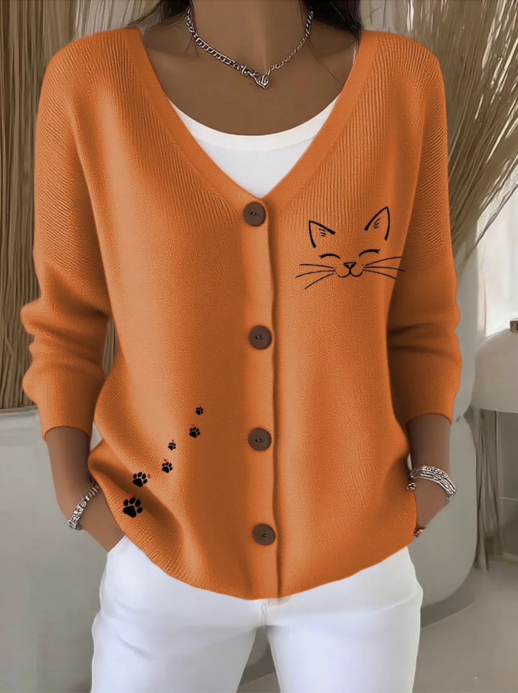 Damen Baumwolle Tier Langarm Bequem Lässig Strickjacke