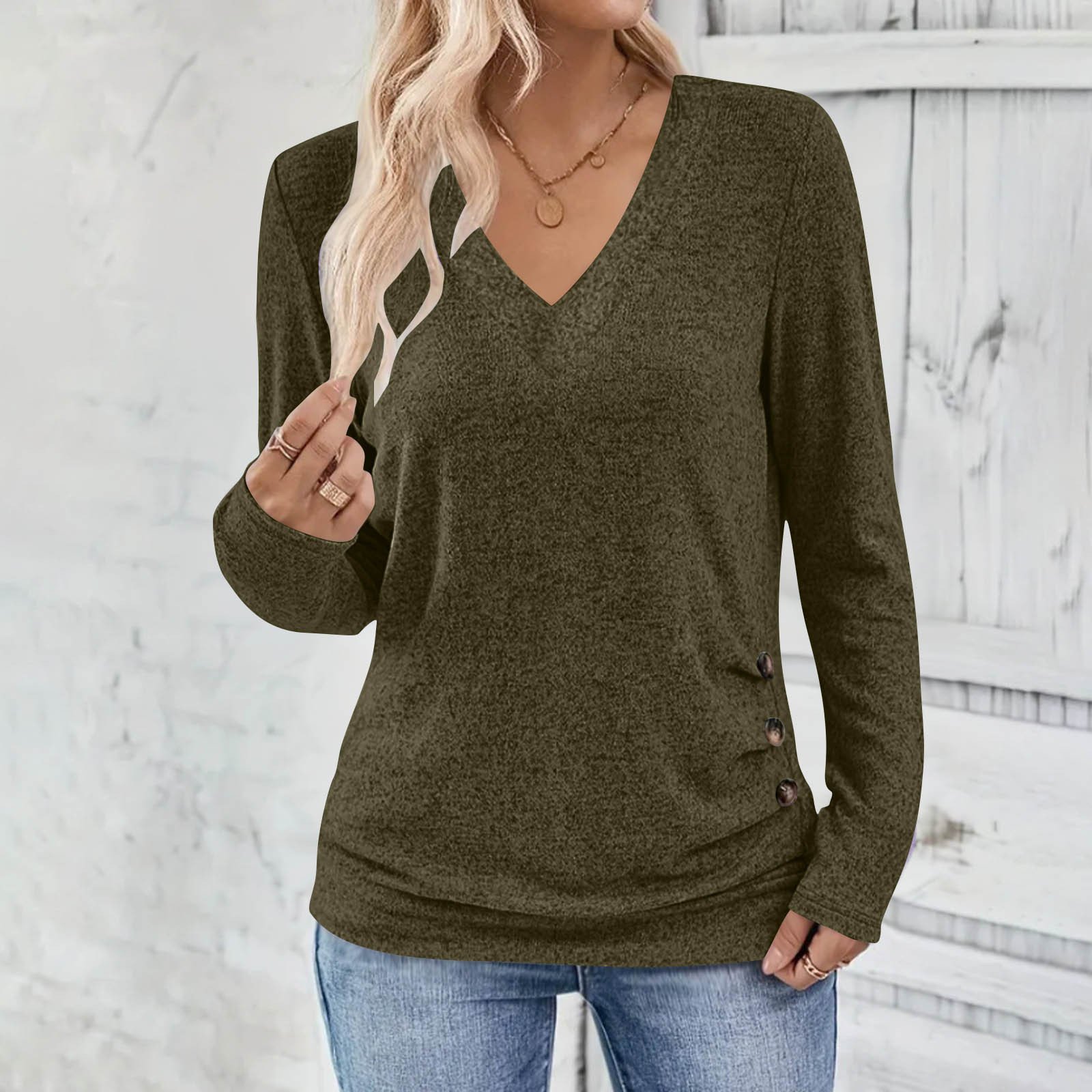 Lässig Unifarben V-Ausschnitt Langarm T-Shirt
