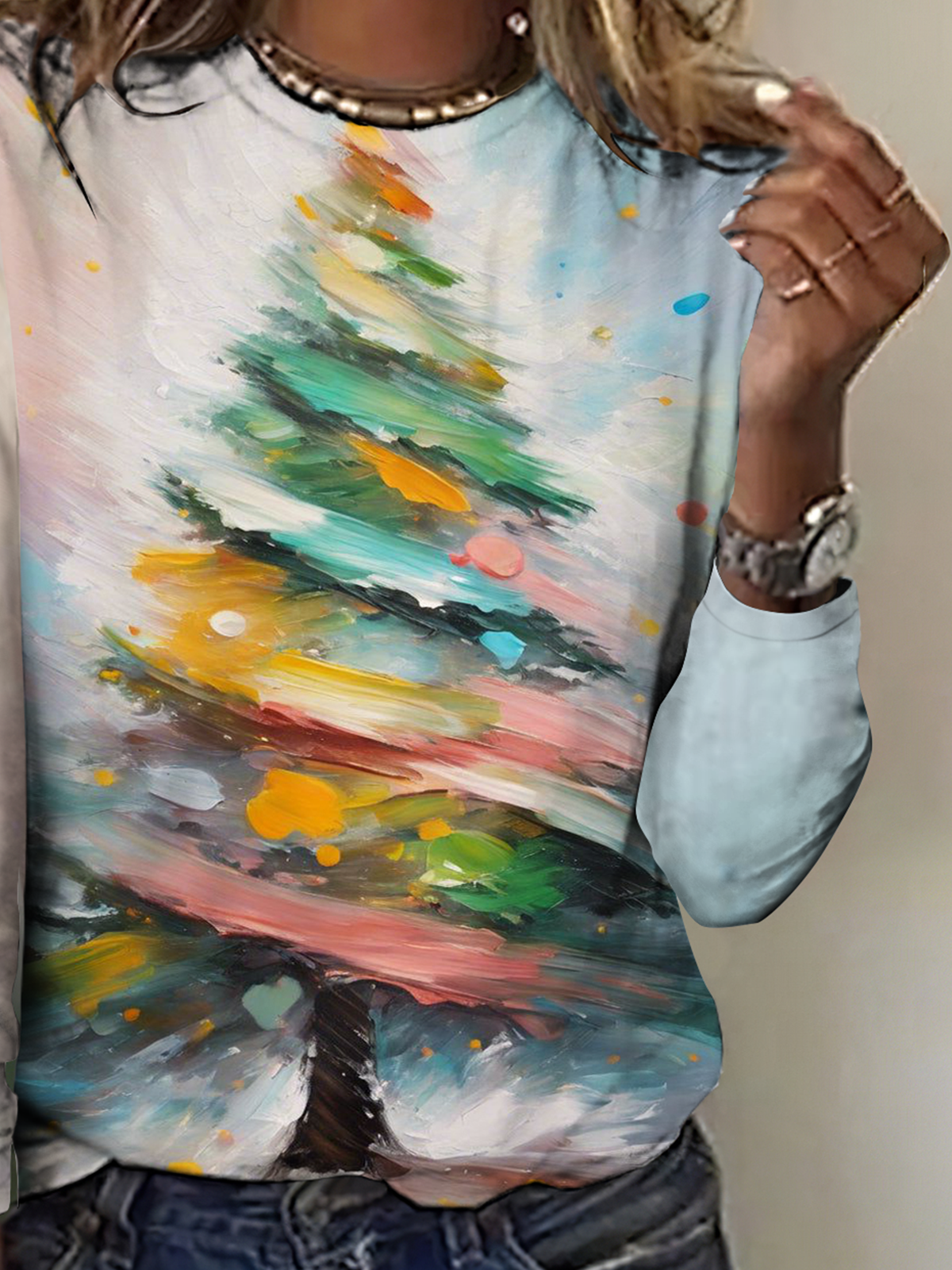 Retro Weihnachtsbaum Rundhals Langarm T-Shirt