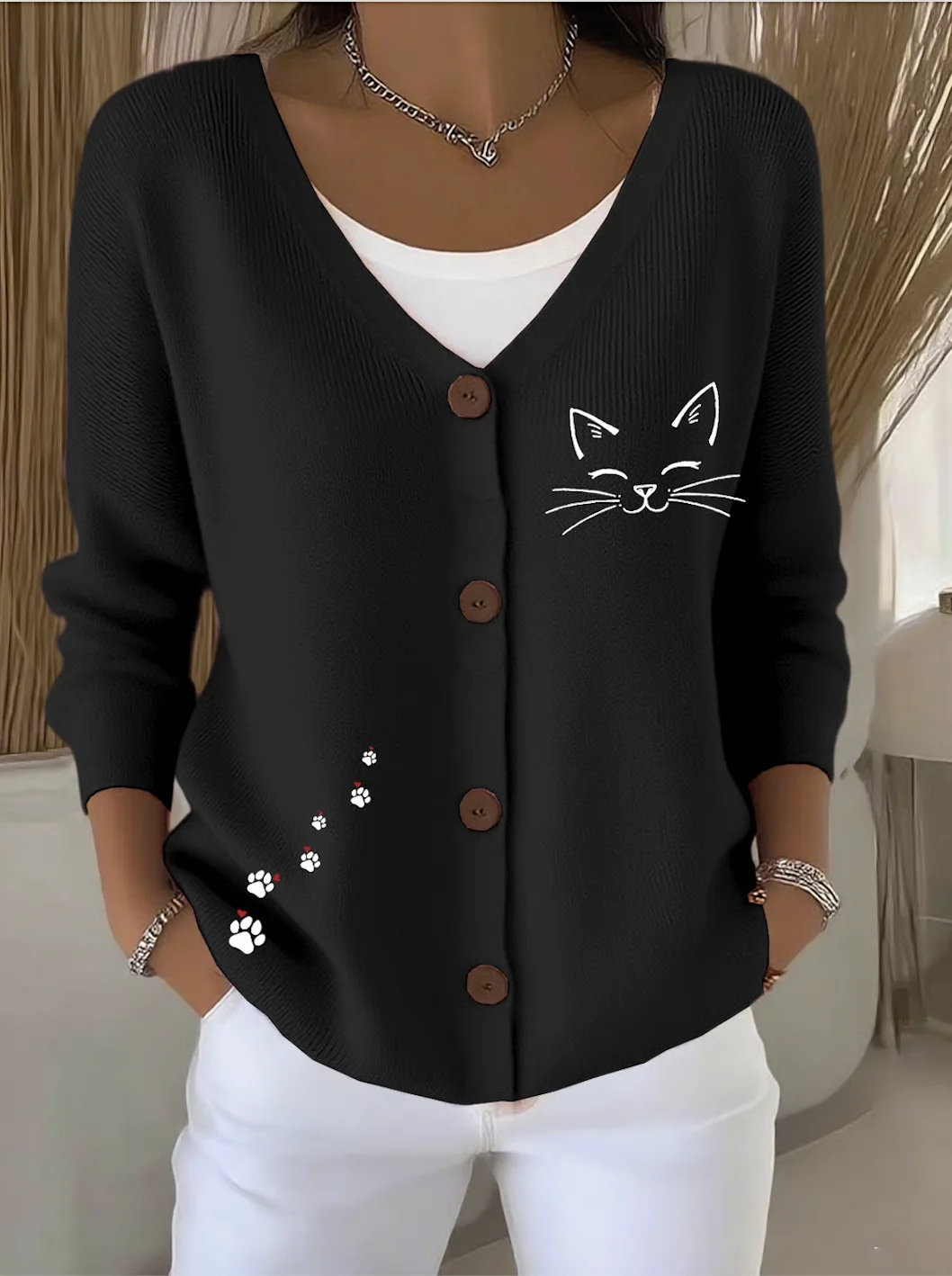 Damen Baumwolle Tier Langarm Bequem Lässig Strickjacke