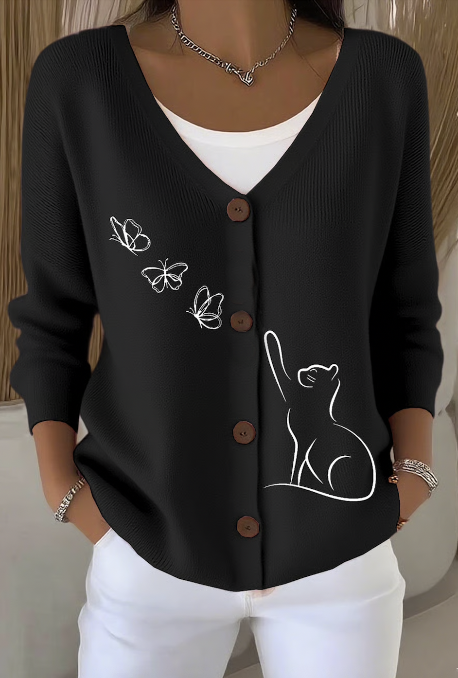 Damen Baumwolle Tier Langarm Bequem Lässig Strickjacke