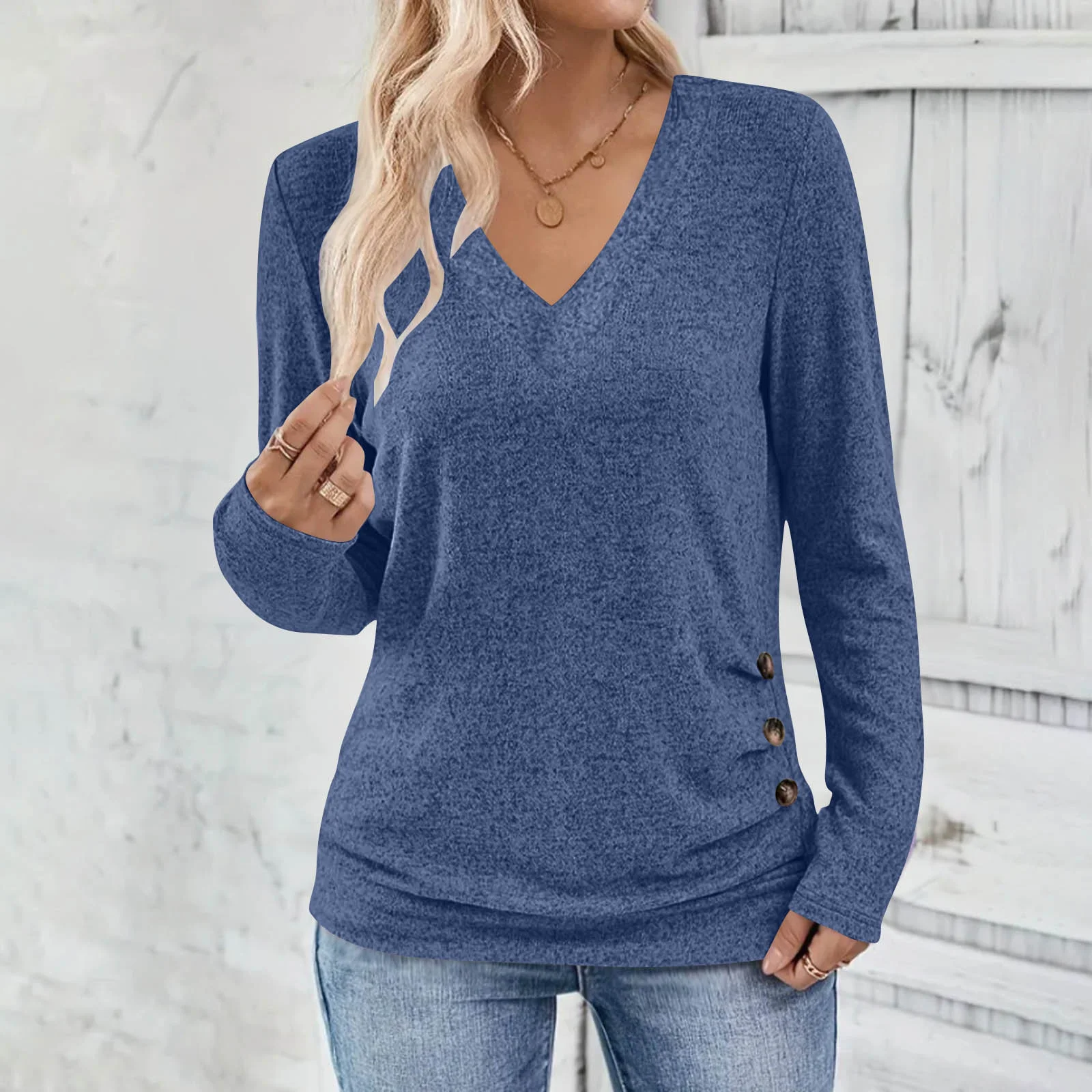 Lässig Unifarben V-Ausschnitt Langarm T-Shirt