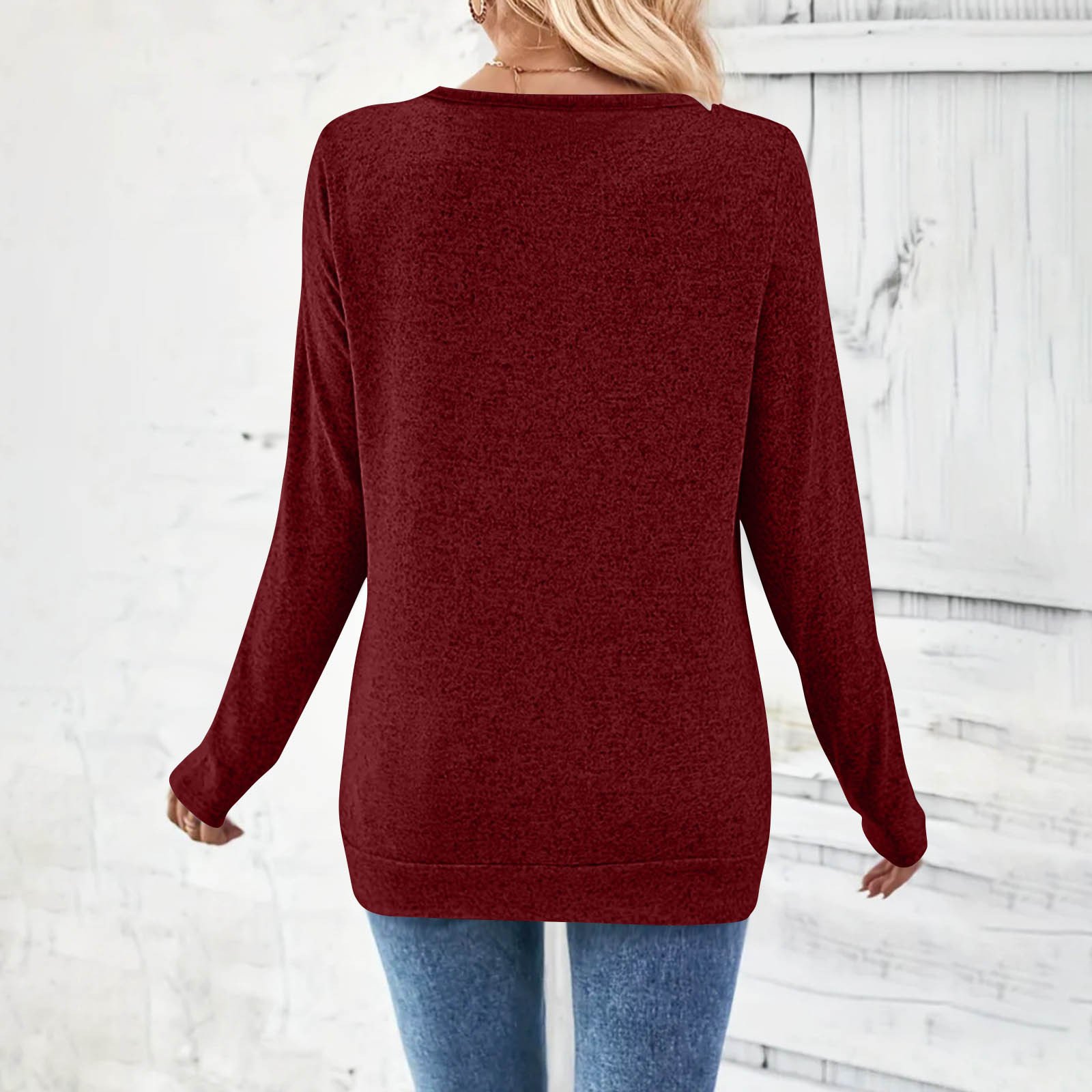 Lässig Unifarben V-Ausschnitt Langarm T-Shirt