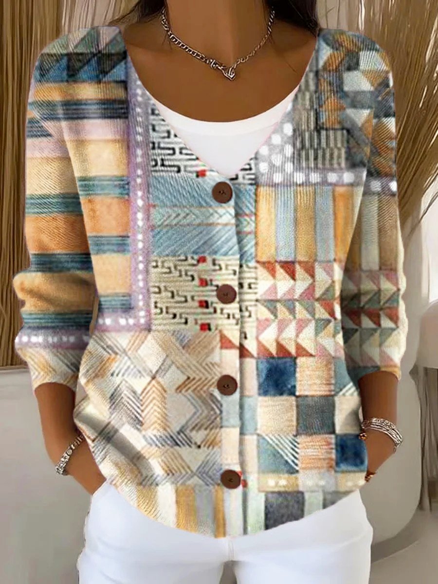 Damen Gestrickt Geometrisch Langarm Bequem Retro Strickjacke