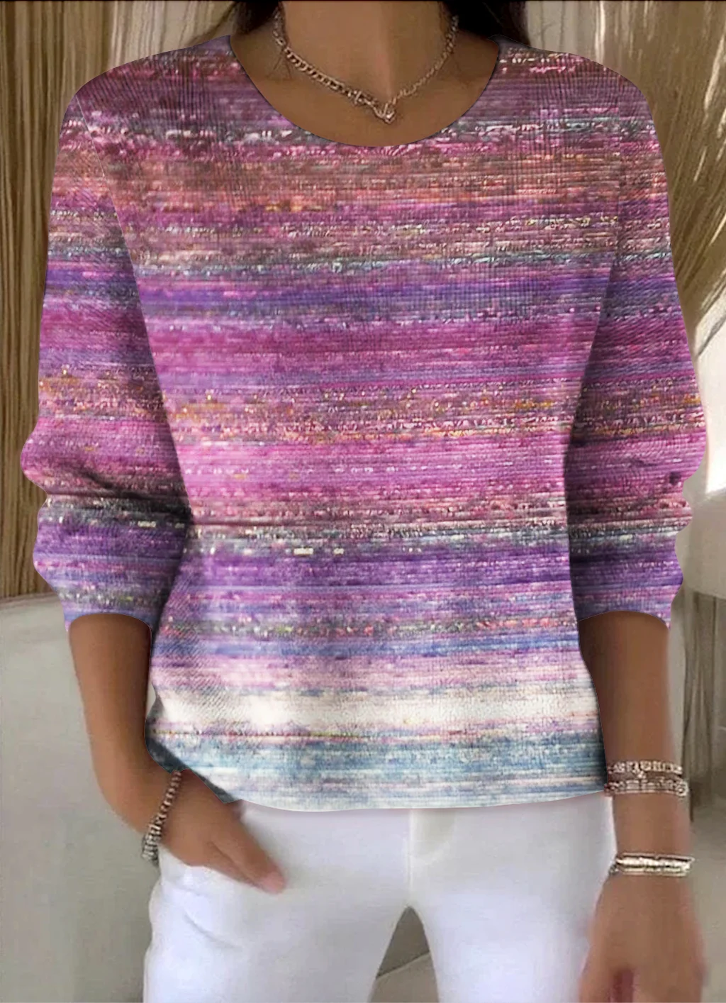 Damen Baumwolle Farbverlauf Langarm Bequem Retro Pullover