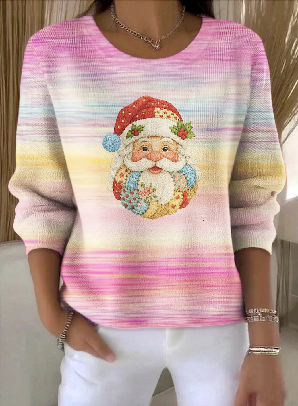 Damen Baumwolle Farbverlauf Langarm Bequem Retro Pullover