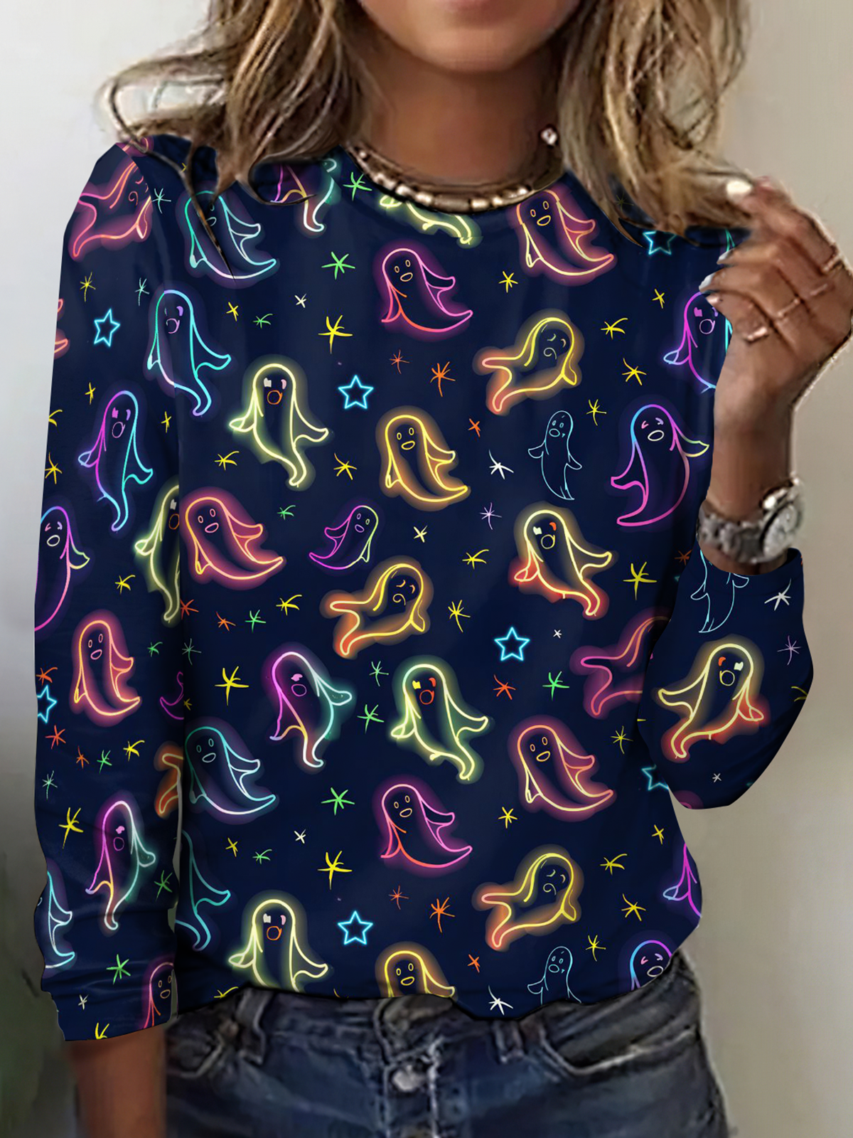 Retro Halloween Rundhals Langarm T-Shirt