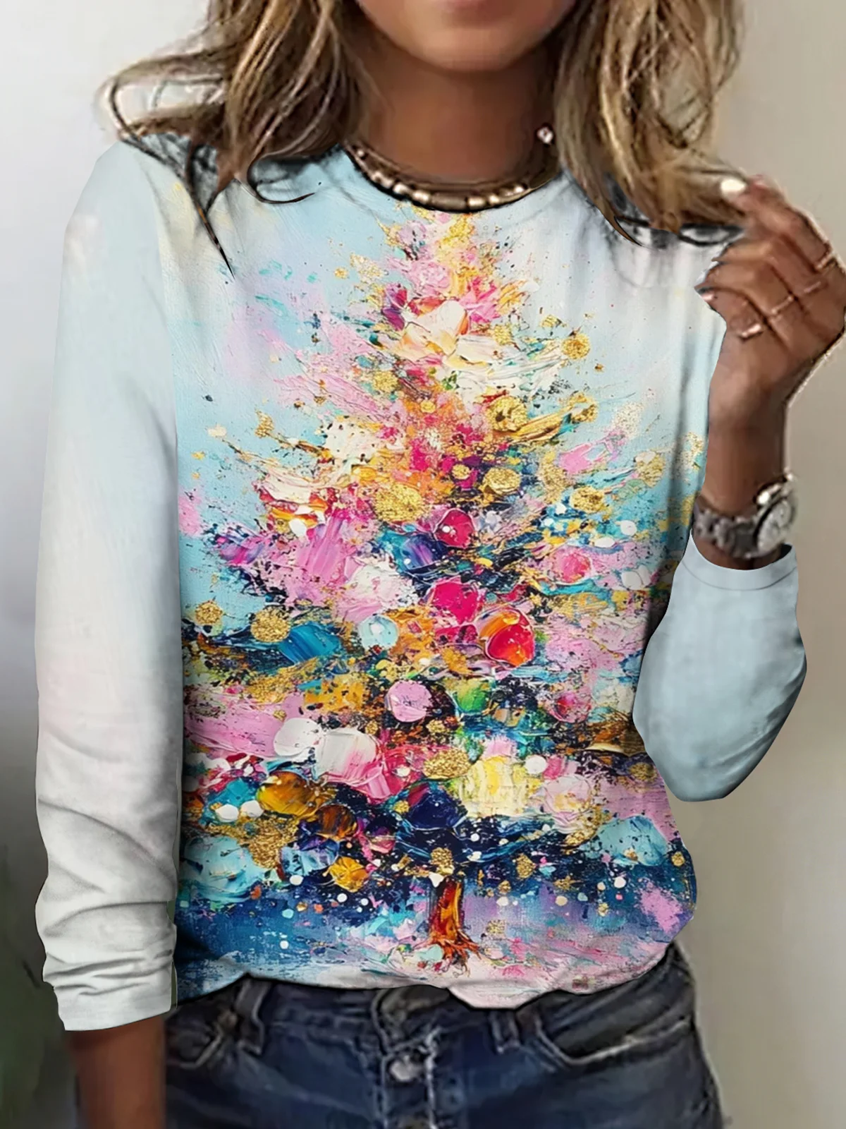 Retro Weihnachtsbaum Rundhals Langarm T-Shirt
