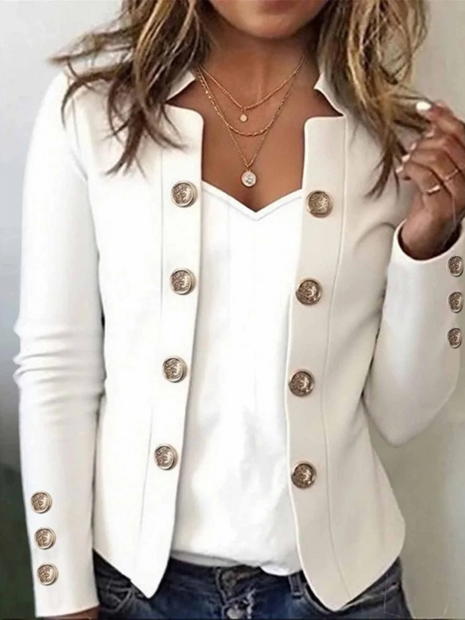 Damen Unifarben Frühling/Herbst Oberbekleidung Urban Geknöpft Langarm Gekerbt Regelmäßig Blazer