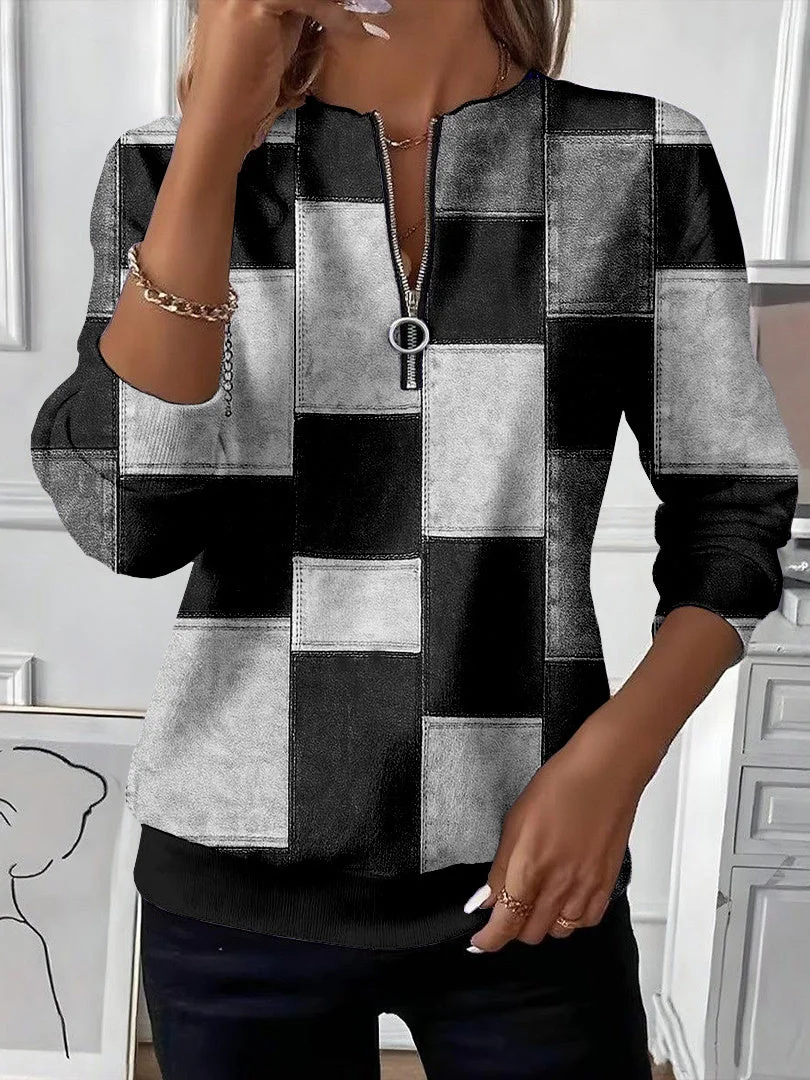 Lässig Rundhals Abstrakt Kariert Sweatshirt Print